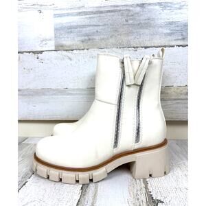 Mia Womens 7 Cream Chunky Platform Heeled Moto Combat Side Zip Ankle Boots
